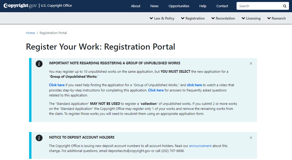 Copyright Registration Portal Homepage